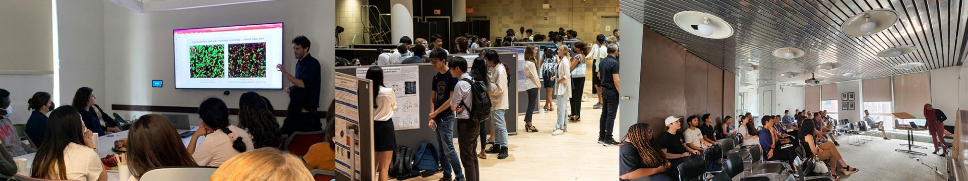From left to right: a faculty teaching a lecture to a group of students, a large group of people at a poster symposium, people listening to someone presenting