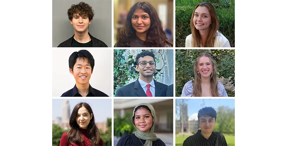 Alt Text: 2025 IICD Summer Research Program Cohort. Clockwise, from left to right and top to bottom: Daniel Alshansky, Chandrima Chatterjee, Darby Dodge, Alan Jiang, Joel Joseph, Mariah Loehr, Marina Milea, Kazi Nawar, Peter Terranova.