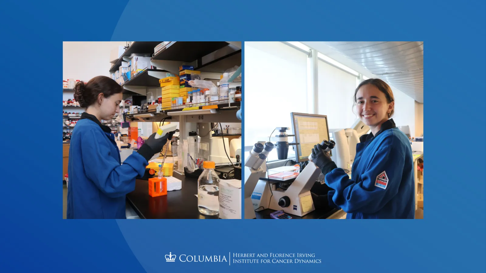 Collage of Ally O’Shea. Left: Ally in a lab coat working with lab equipment. Right: Ally stands with a microscope in the lab. 