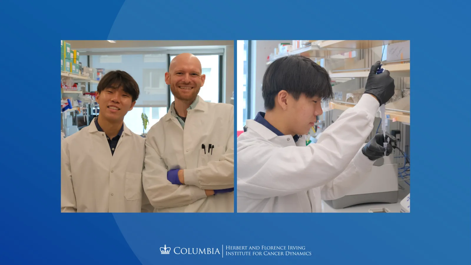 Brandon Kim. Left: Brandon Kim with mentor Cody Slater. Right: Brandon works with lab equipment. 