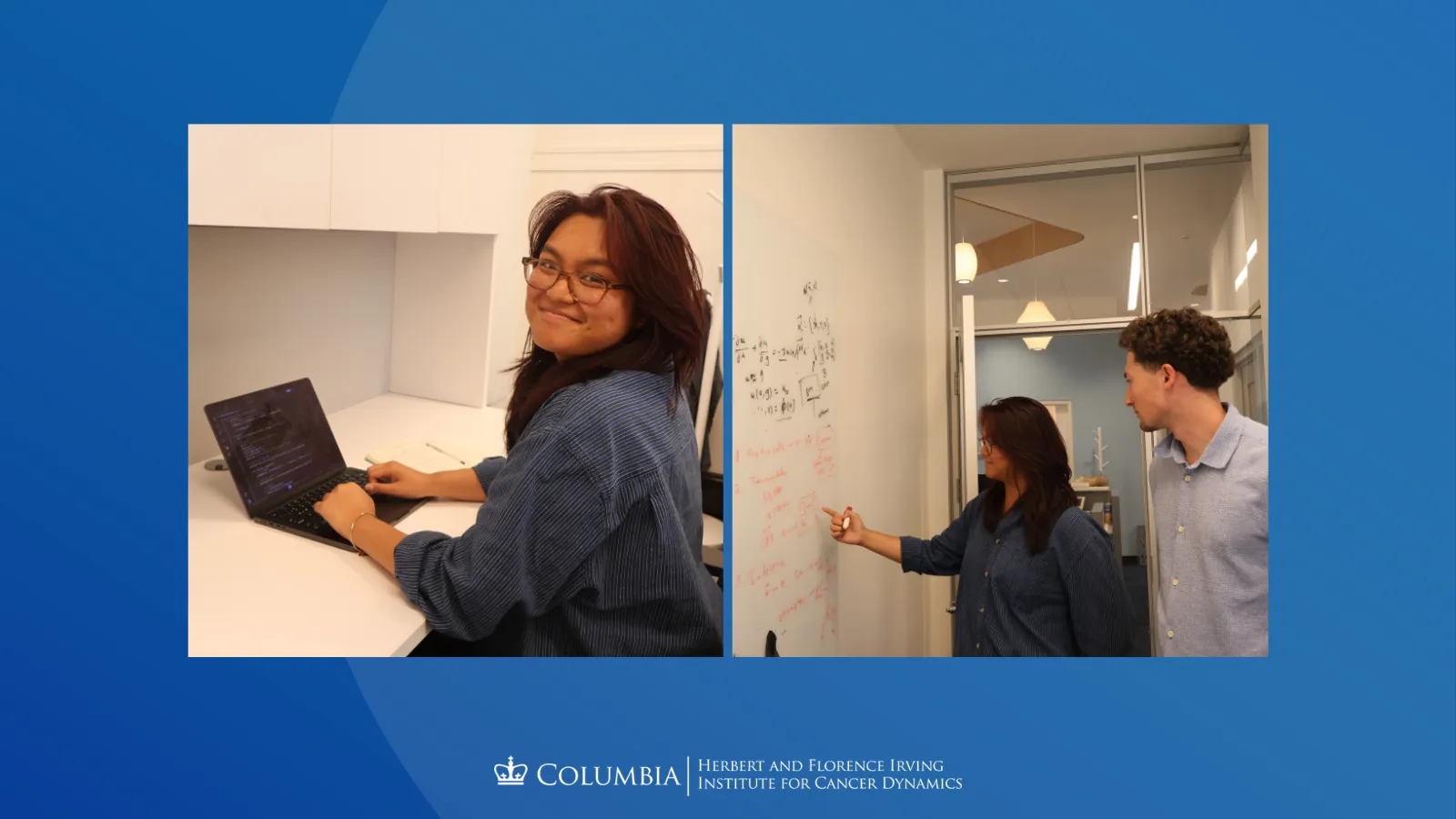 Alt text: Collage of Danielle Justo. Left: Danielle seated at a computer workstation. Right: Danielle writes on a whiteboard with fellow SRP intern, Sammy Faham.