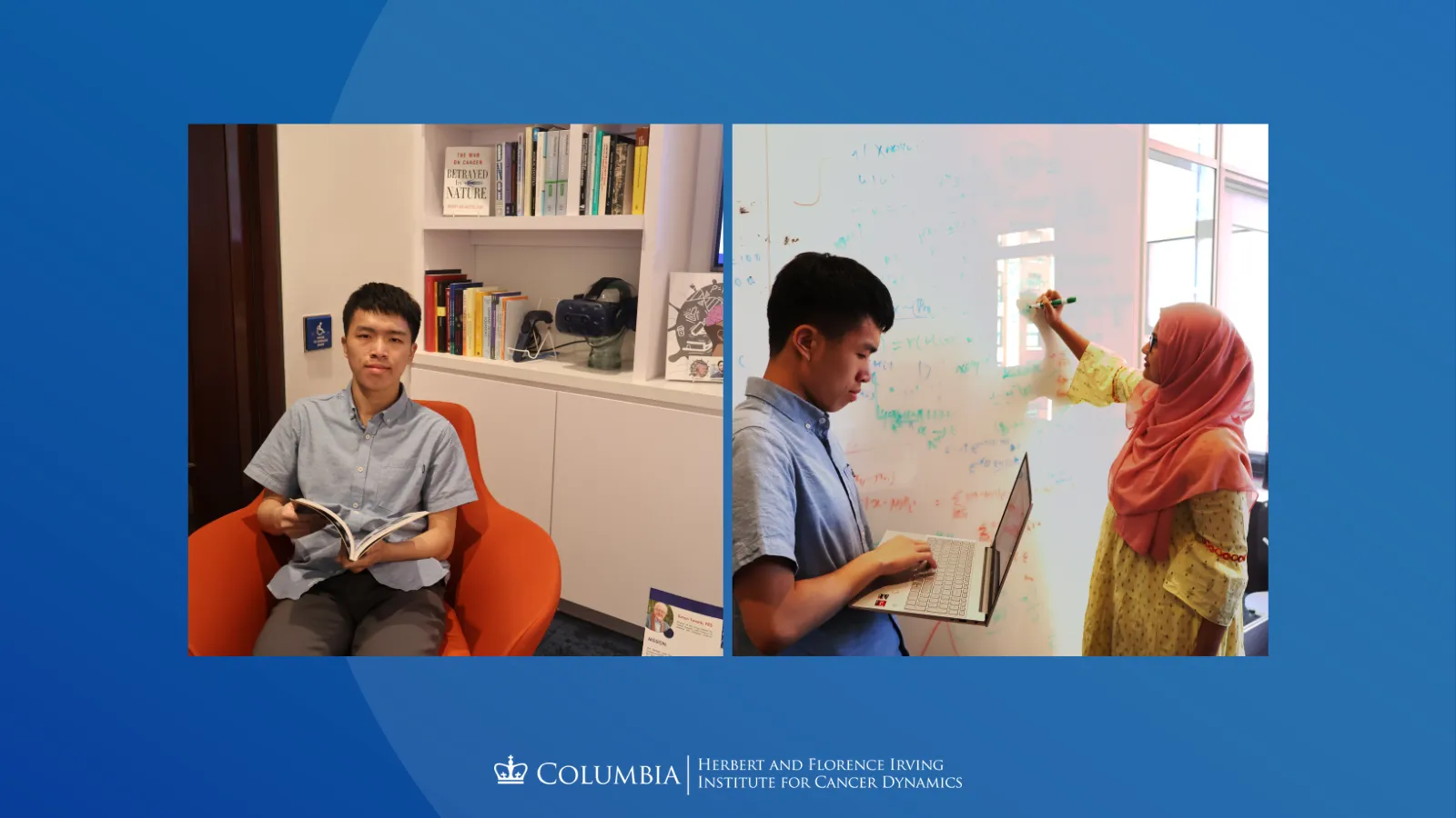  Collage of  Derrick Ma. On the left, Derrick is seated in the IICD lobby with a book. On the right, Derrick Ma is pictured with fellow SRP intern, Samyah Ahmed, working on a whiteboard.