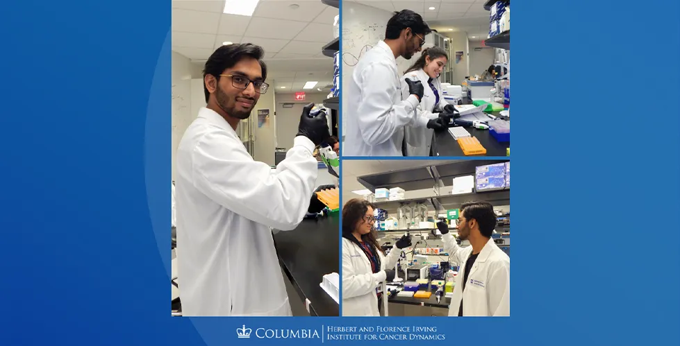 On the left, a picture of Abdullah Naqvi standing at a lab bench and pipetting into microcentrifuge tubes. In the top right picture, Abdullah is discussing with Hannah Khanshali in the lab. In the bottom right picture, Abdullah and Vanessa Rivas are holding and looking at centrifuge tubes.
