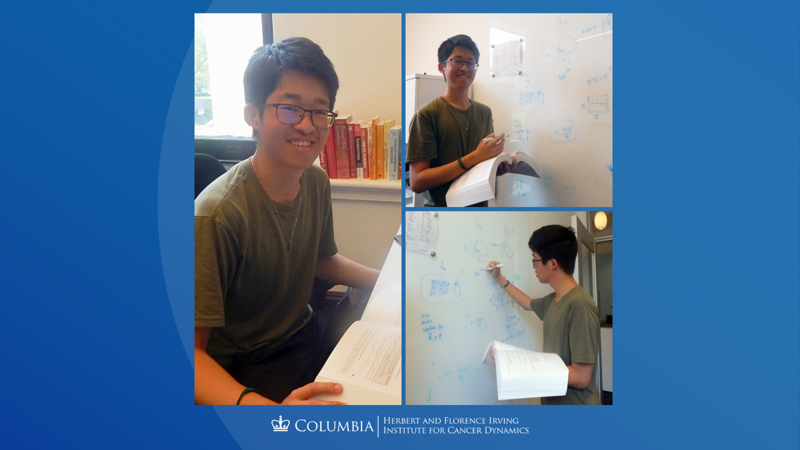 Collage of Alan Jiang. Left: Alan seated at a desk while holding an open textbook. Top right: Alan standing at a whiteboard. Bottom right: Alan writing detailed equations on a whiteboard.