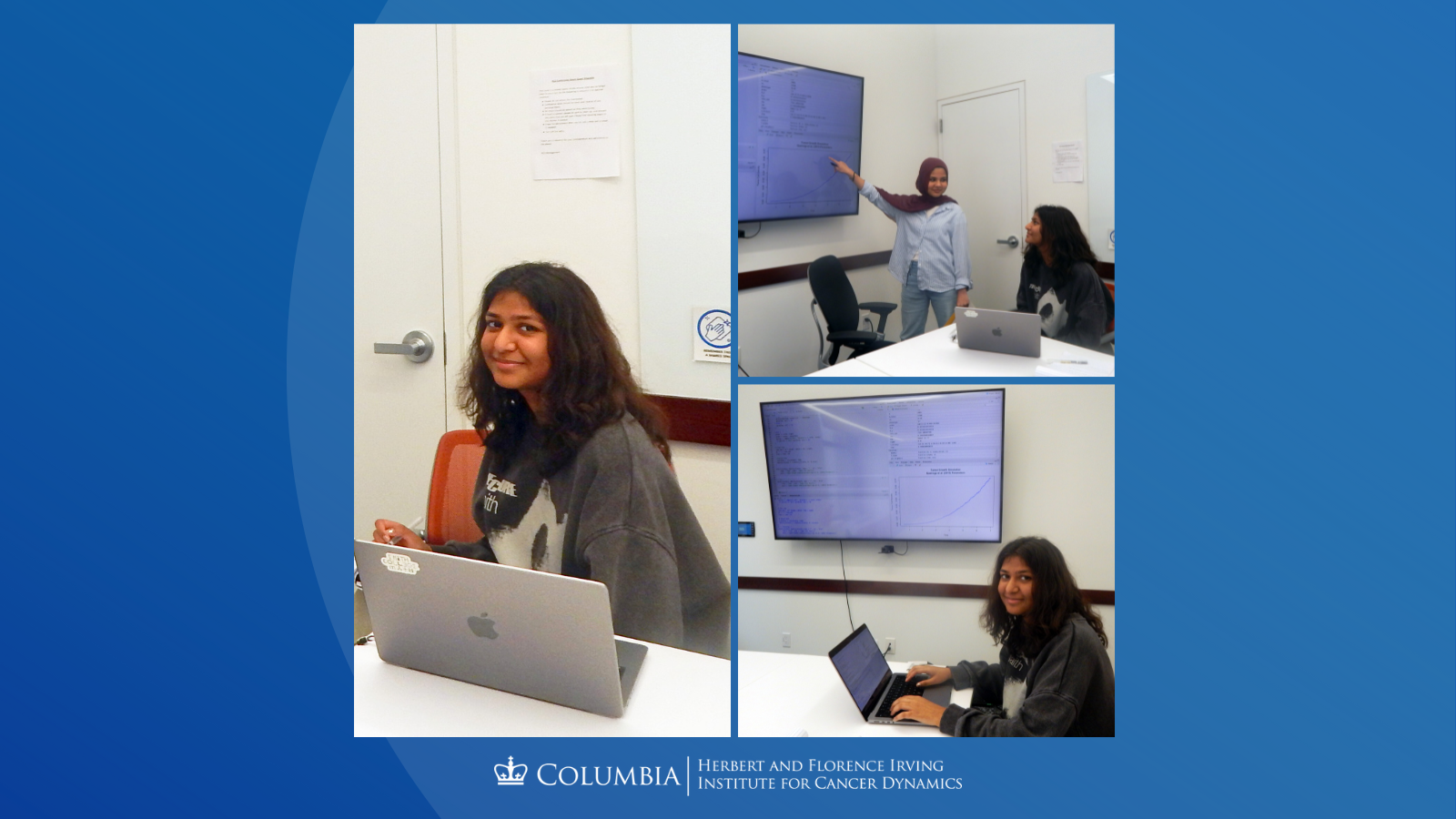 Collage of Chandrima Chatterjee. Left: Chandrima seated at a table, smiling at the camera while working on a laptop. Top right: Chandrima listening as Nawar Kazi points to a large screen. Bottom right: Chandrima working on her laptop.