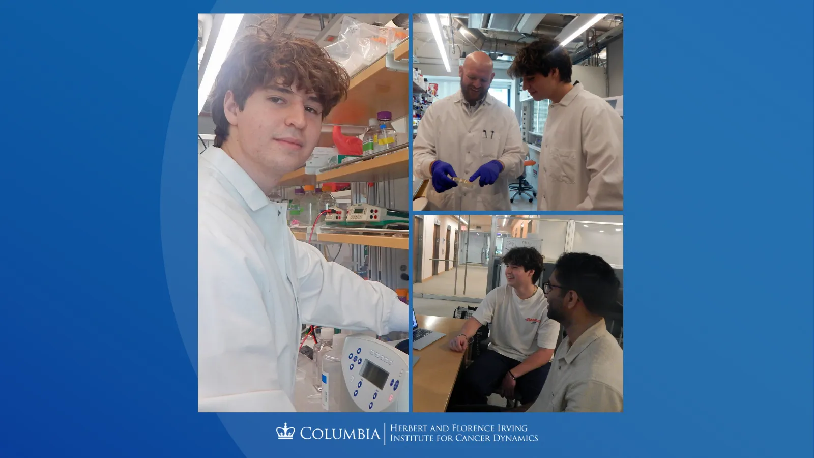 Collage of Daniel Alshansky. Left: Daniel in a lab coat working with lab equipment at his bench. Top right: Daniel and Cody Slater in lab coats examining a sample together. Bottom right: Daniel seated, engaged in conversation with Joel Joseph.