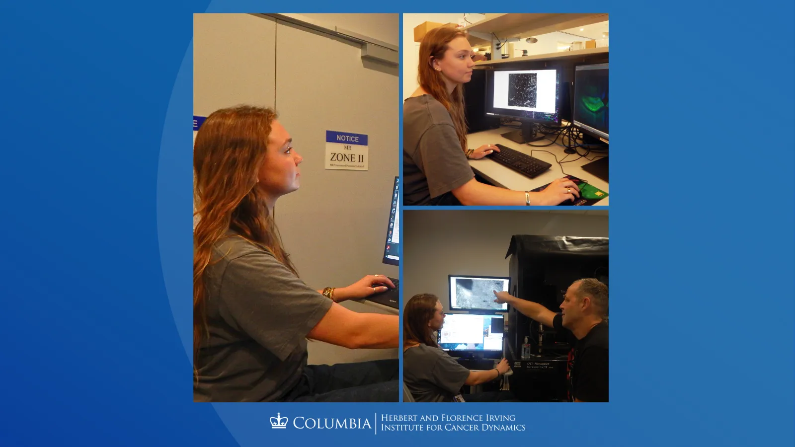Collage of Darby Dodge. Left: Darby seated at a computer workstation. Top right: Darby analyzing microscopic images. Bottom right: Darby working alongside Darcy Peterka, who is pointing at the screen.