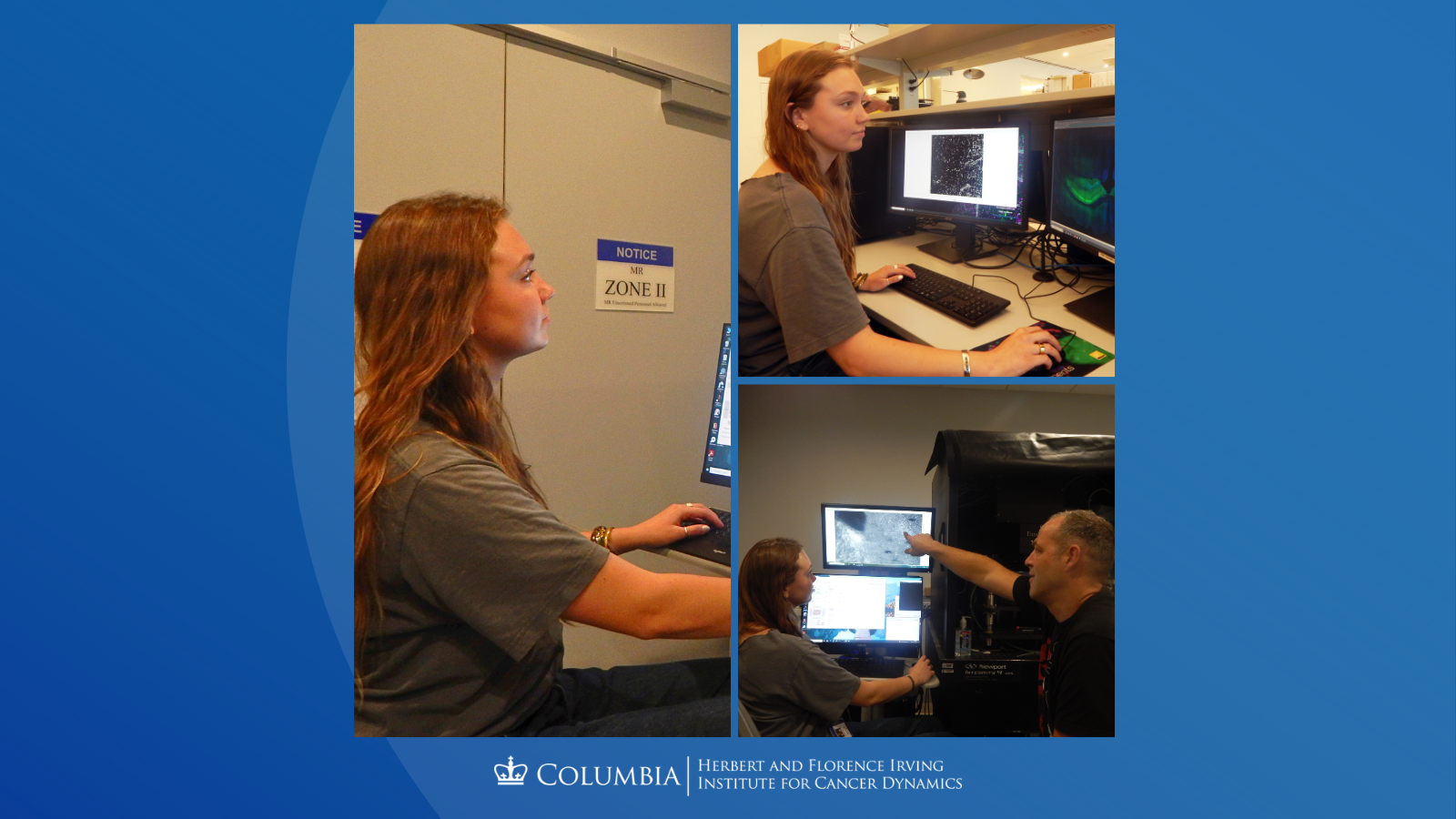 Collage of Darby Dodge. Left: Darby seated at a computer workstation. Top right: Darby analyzing microscopic images. Bottom right: Darby working alongside Darcy Peterka, who is pointing at the screen.