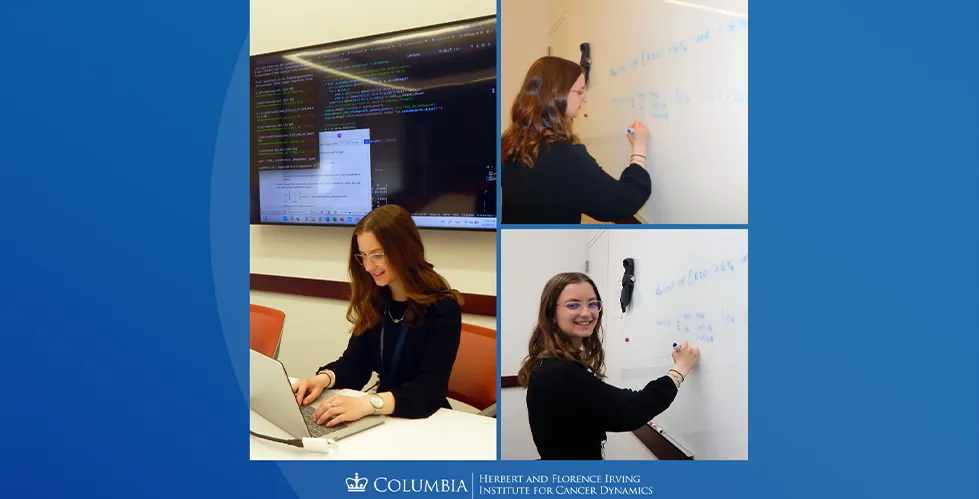 On the left, a picture of Hadassah Mayerfeld sitting at a table with a laptop, and with codes displayed on the monitor behind her. On the right, two pictures of Hadassah writing equations on a whiteboard.