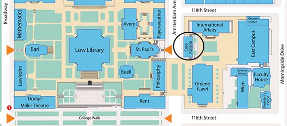 The image displays a map of the Columbia University Morningside Heights campus with the Italian Academy building circled.