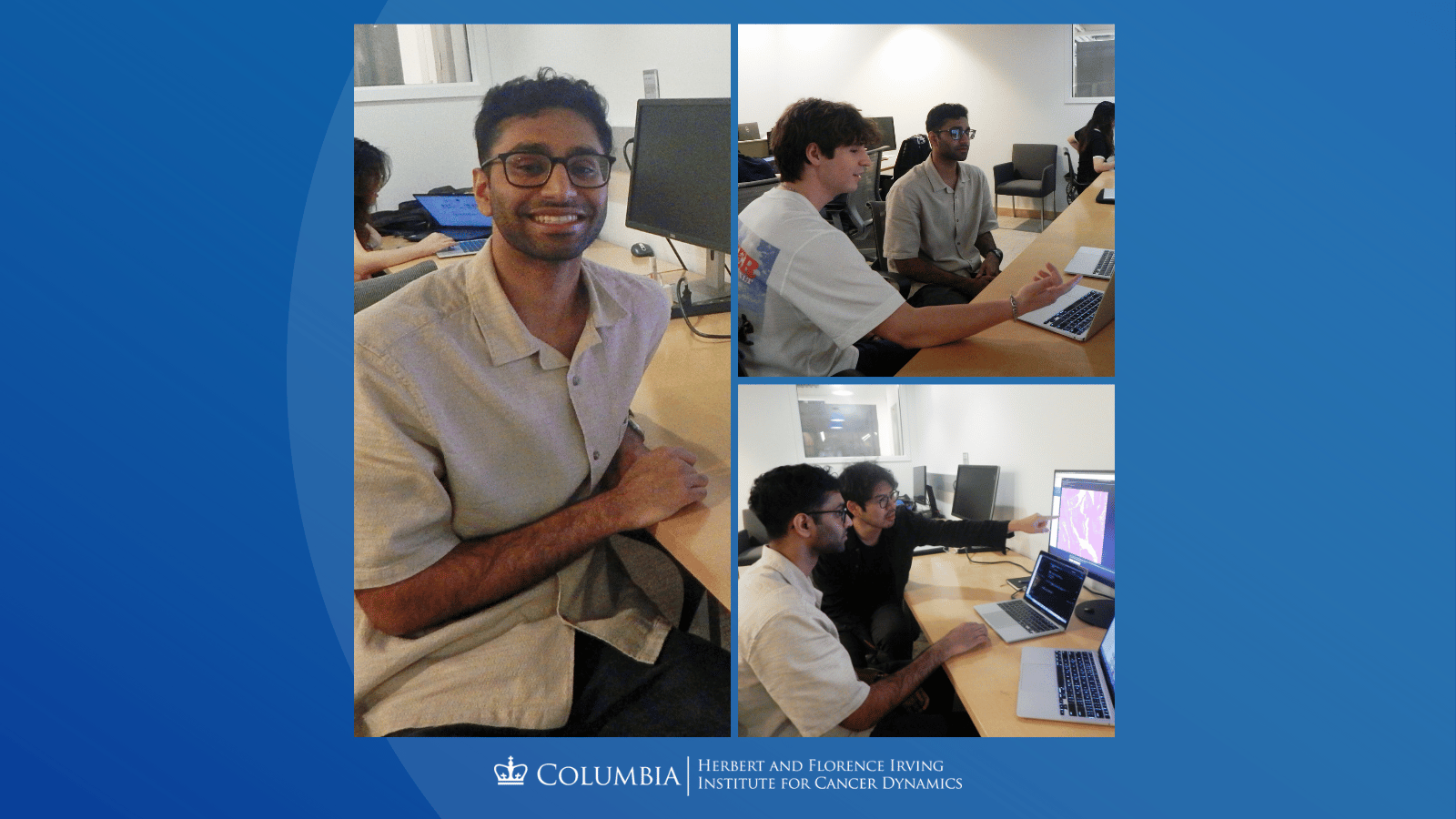 Collage of Joel Joseph. Left: Joel smiling at the camera while seated at a computer desk. Top right: Joel collaborating with Daniel Ashlansky. Bottom right: Joel working alongside Soobeom Lee, who is pointing at a computer.