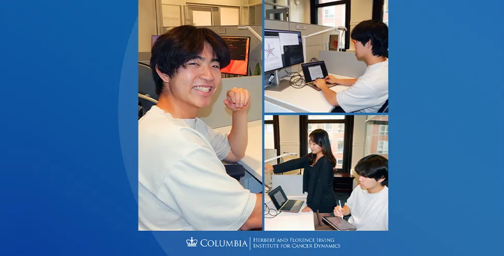 On the left, a picture of Kyle Tsai sitting at a desk. In the top right picture, Kyle is sitting at a desk and working on a laptop. In the bottom right picture, Kyle is discussing with Amie Choe in front of a monitor.