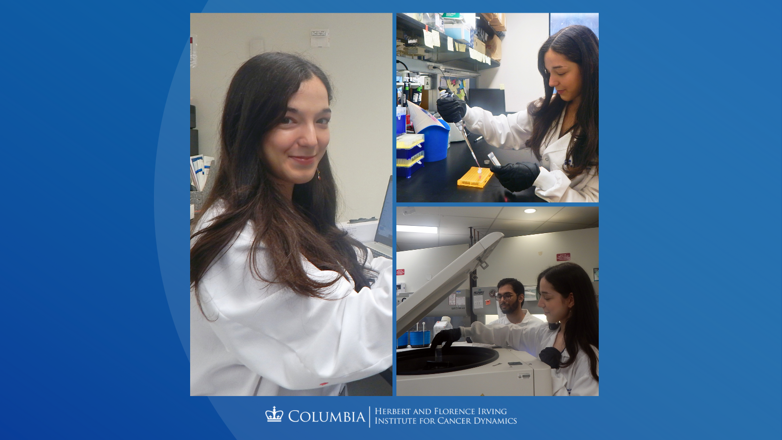 Collage of Marina Milea. Left: Marina smiling while working at a lab bench in a white coat. Top right: Marina pipetting samples into tubes in the lab. Bottom right: Marina and Abdullah Naqvi operating a centrifuge.
