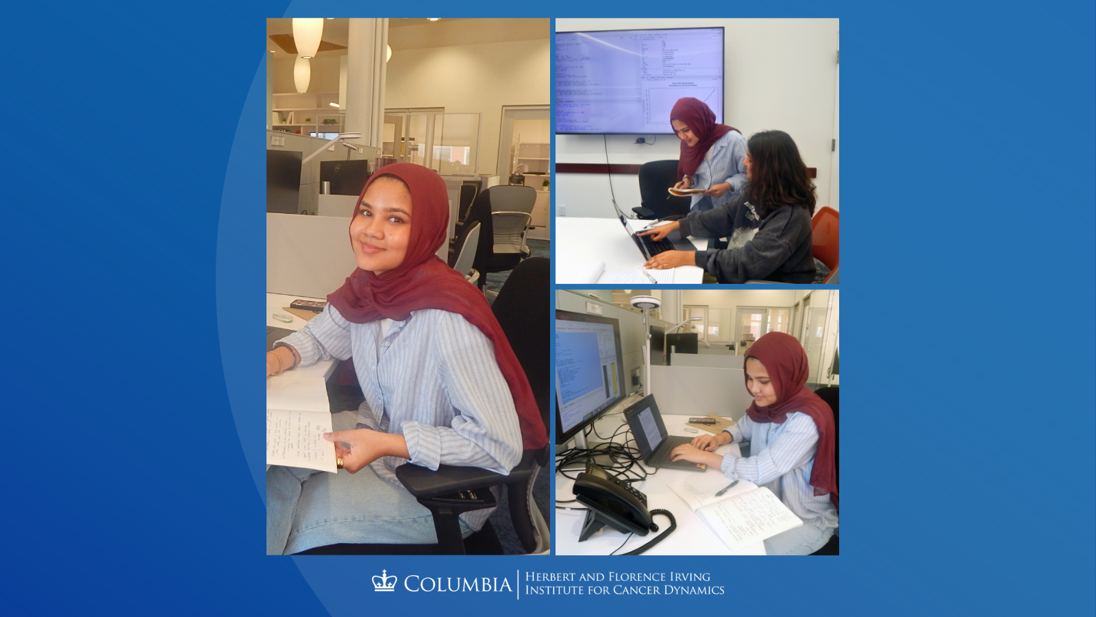 Collage of Kazi Nawar. Left: Nawar smiling while seated near a window. Top right: Nawar standing and reviewing with Chandrima Chatterjee. Bottom right: Nawar working at a computer station. Legend: Kazi Nawar. On the top right, Nawar is pictured with fellow SRP intern Chandrima Chatterjee. 