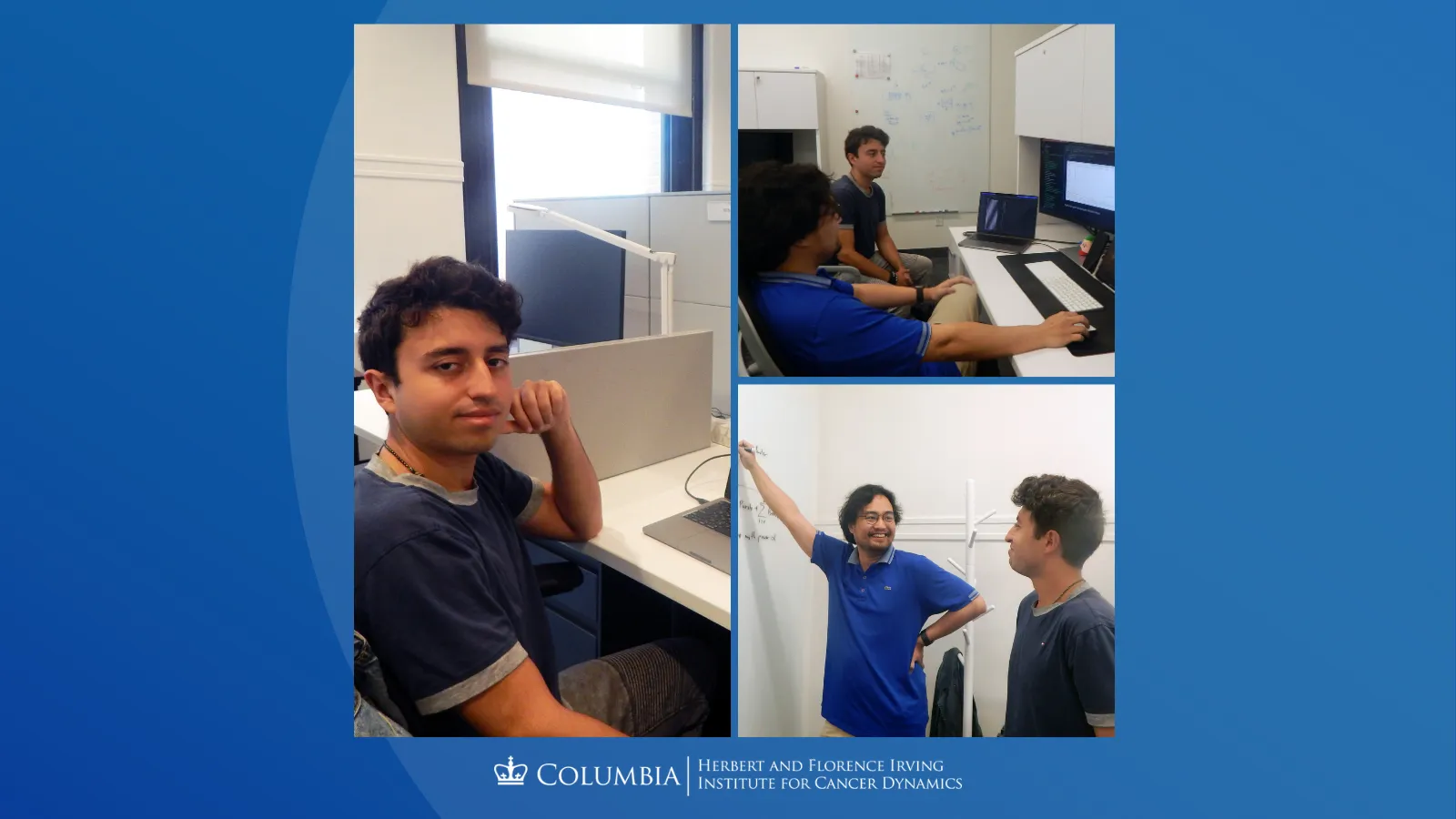 Collage of Peter Terranova. Left: Peter smiling, seated at his desk. Top right: Peter and Khanh Dinh reviewing at a computer station. Bottom right: Peter standing and listening attentively as Khanh Dinh gestures at a whiteboard.