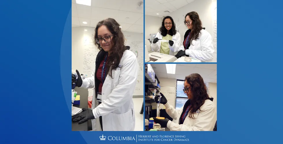 On the left, a picture of Vanessa Rivas standing at a lab bench and pipetting into microcentrifuge tubes. In the top right picture, Vanessa is discussing with Mathini Vaikunthan in the lab. In the bottom right picture, Vanessa is standing at a lab bench and pipetting into microcentrifuge tubes.