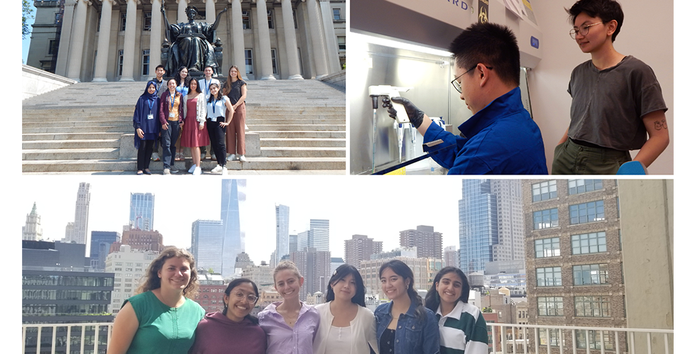 SRP’23 cohort posing in front of Alma Mater, Jun Lin (SRP’24) with their mentor in the lab, SRP’22 cohort on the terrace of the New York Genome Center.