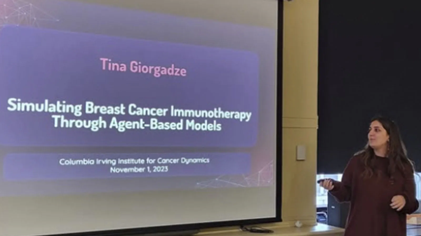Tina Giorgadze presenting her talk on “Simulating Breast Cancer Immunotherapy Through Agent-Based Models” at IICD.