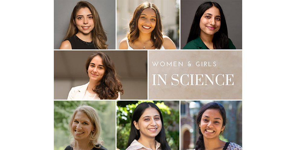Photo collage for Women and Girls in Science. Clockwise, from top left: Maithê Rocha Monteiro de Barros, Khushi Desai, Taruna Vani Neelakantan, Mathini Vaikunthan, Apoorva Singh, Juliane Schröter, and Sopho Kevlishvili