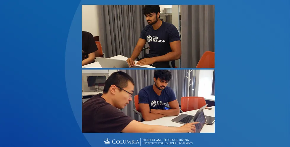 In the top picture, a picture of Yash Patel sitting at a desk working on a laptop. In the bottom picture, Yash Patel is discussing with Yue Wang.  