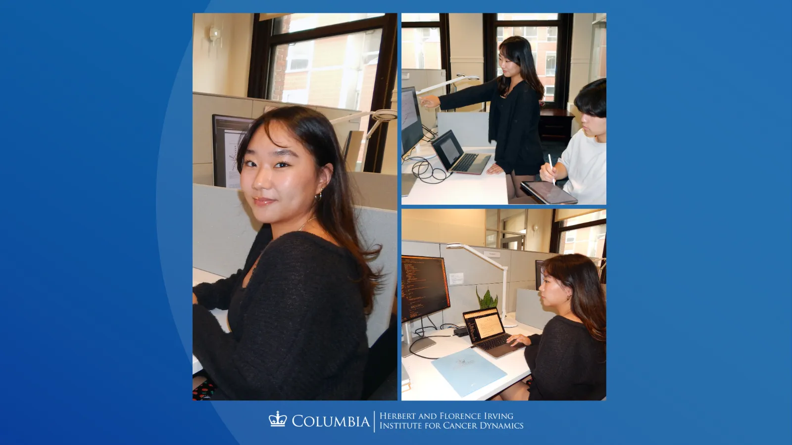 On the left, Amie Choe is working at a desk. In the top right picture, Amie is discussing with Kyle Tsai in front of a monitor. In the bottom right picture, Amie is sitting at a desk and working on a laptop. 