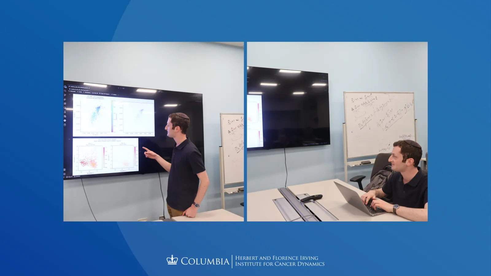 Collage of Elliot Canter. Left: Elliot Canter points at datasets on a projector. Right: Elliot works on his laptop. 