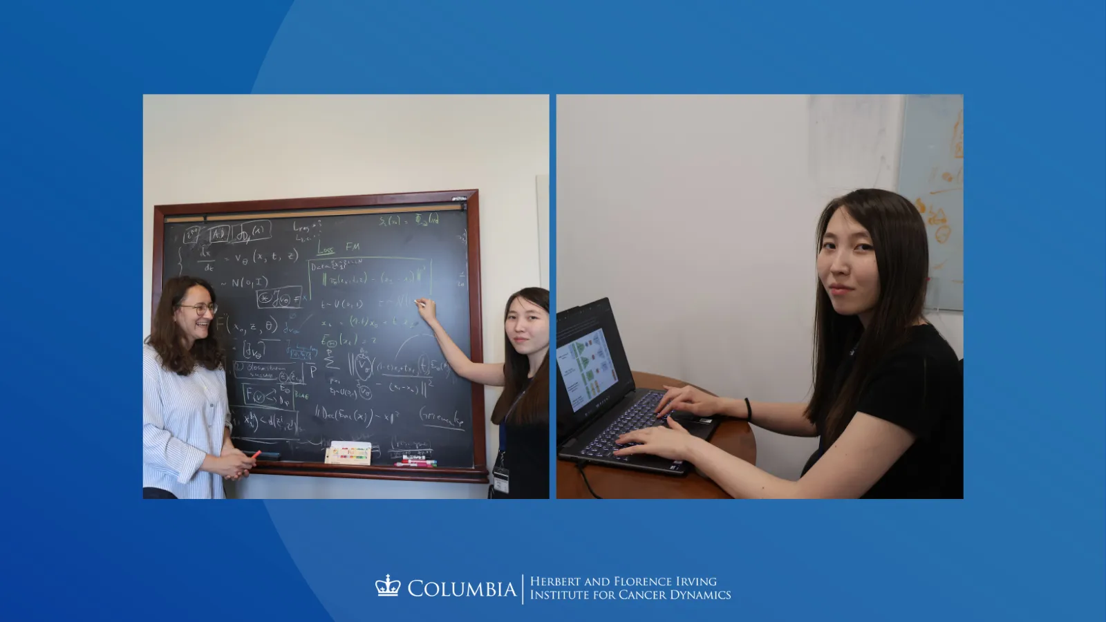 Collage of Gilyana Dorzhieva. Left: Gilyana writes on a chalkboard, pictured with her mentor Dr. Bianca Dumitrascu. Right: Gilyana works at a computer work station. 
