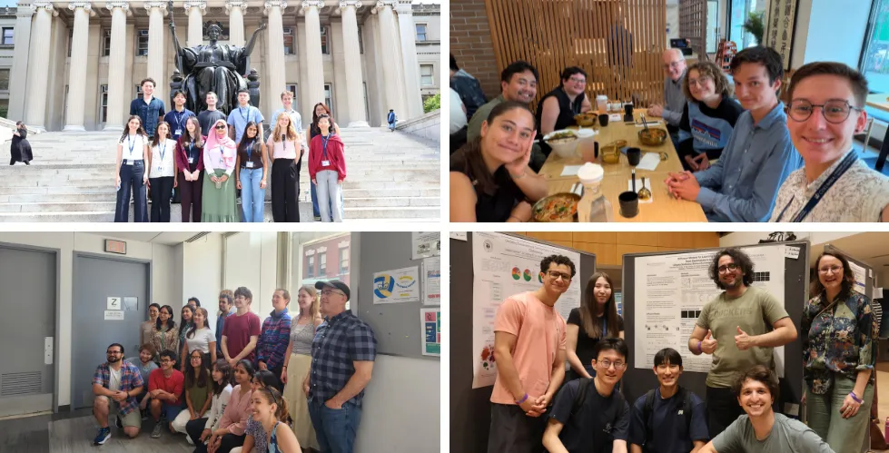 Collage of summer programs at IICD. Clockwise from left: SRP interns stand in front of the Columbia Alma Mater during orientation; members of the Dinh/Tavaré labs take a selfie together at an Alliance farewell lunch; participants of the Intensive Workshop take a photo with one of the lead instructors, Dr. Andrew Blumberg; members of the Dumitrascu Lab take a photo at the CUPP Symposium.