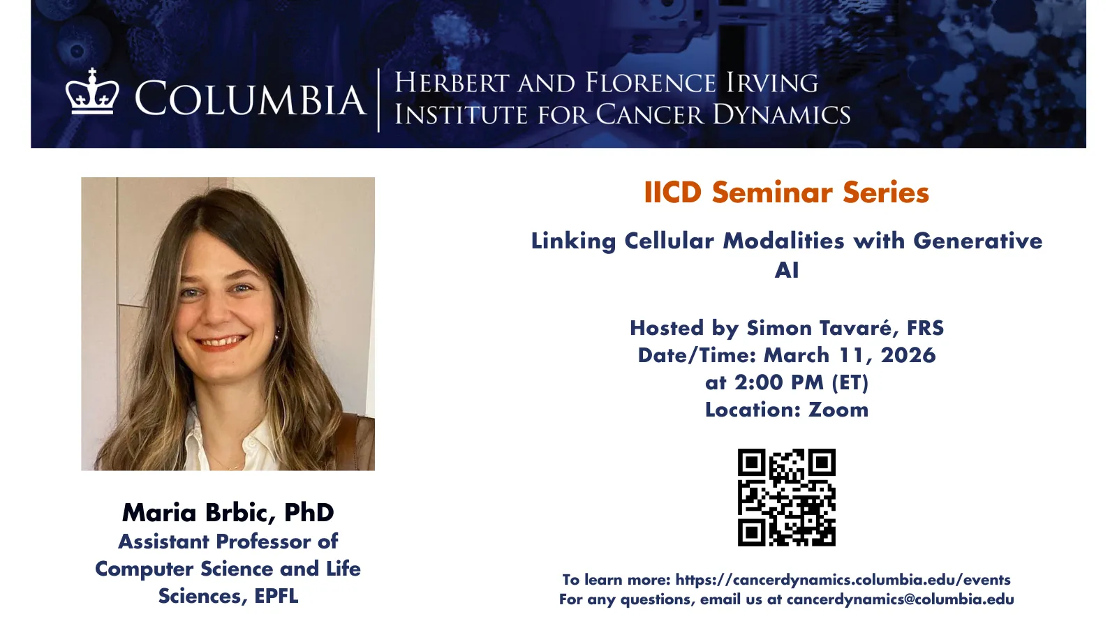 Headshot of Maria Brbic, PhD promoting her seminar on March 11, 2026.