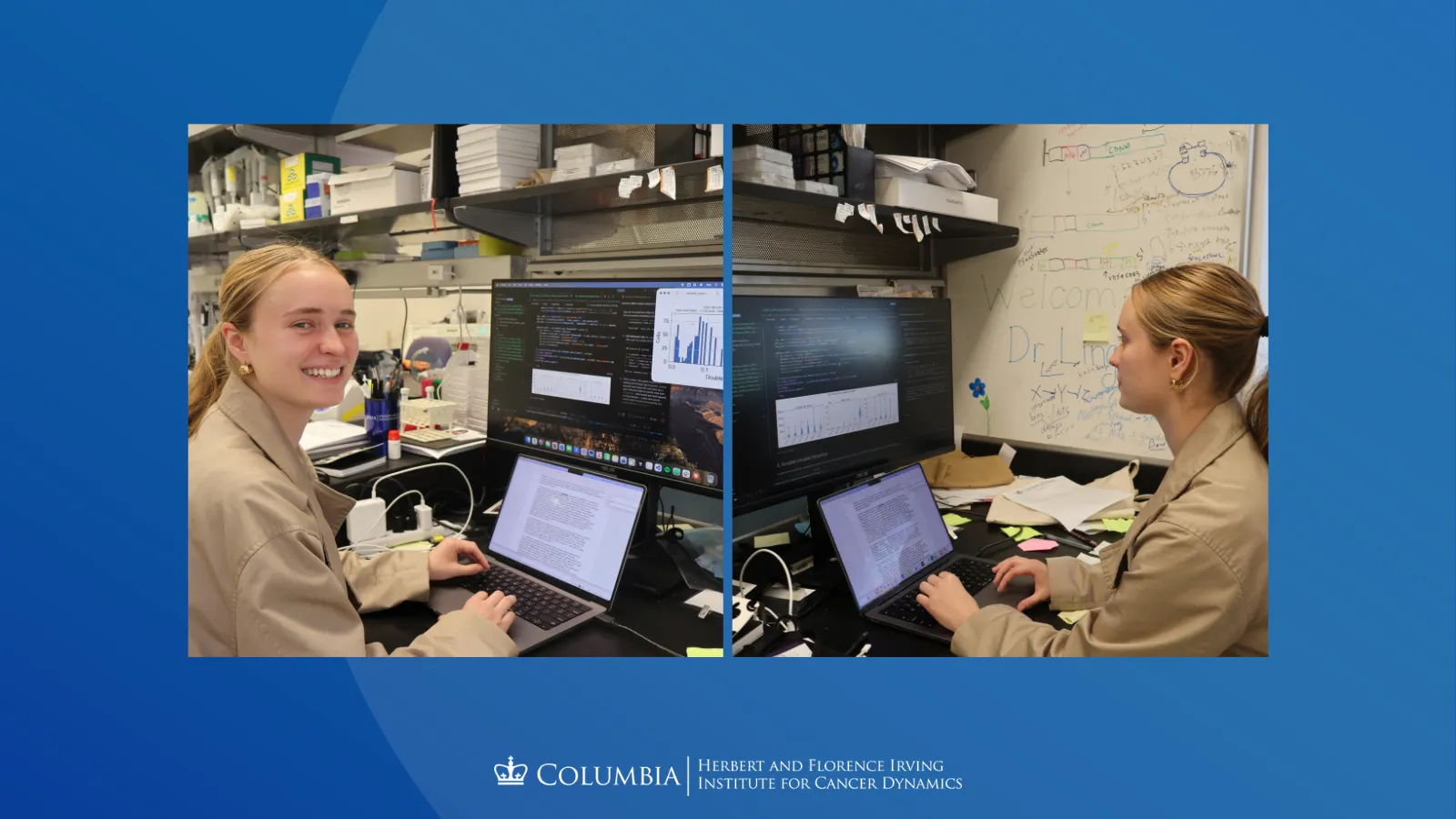 Collage of Isabelle Gelzhiser. Left: Isabelle smiles from her work station. Right: Isabelle works at her computer station. 