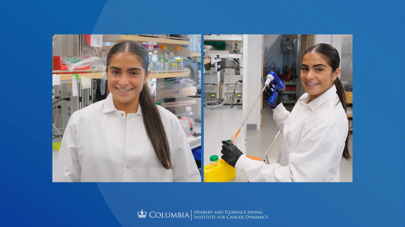 Alt text: Collage of Jehanara Akhund. Left: Jehanara smiles in her lab coat. Right: Jehanara handles lab equipment.