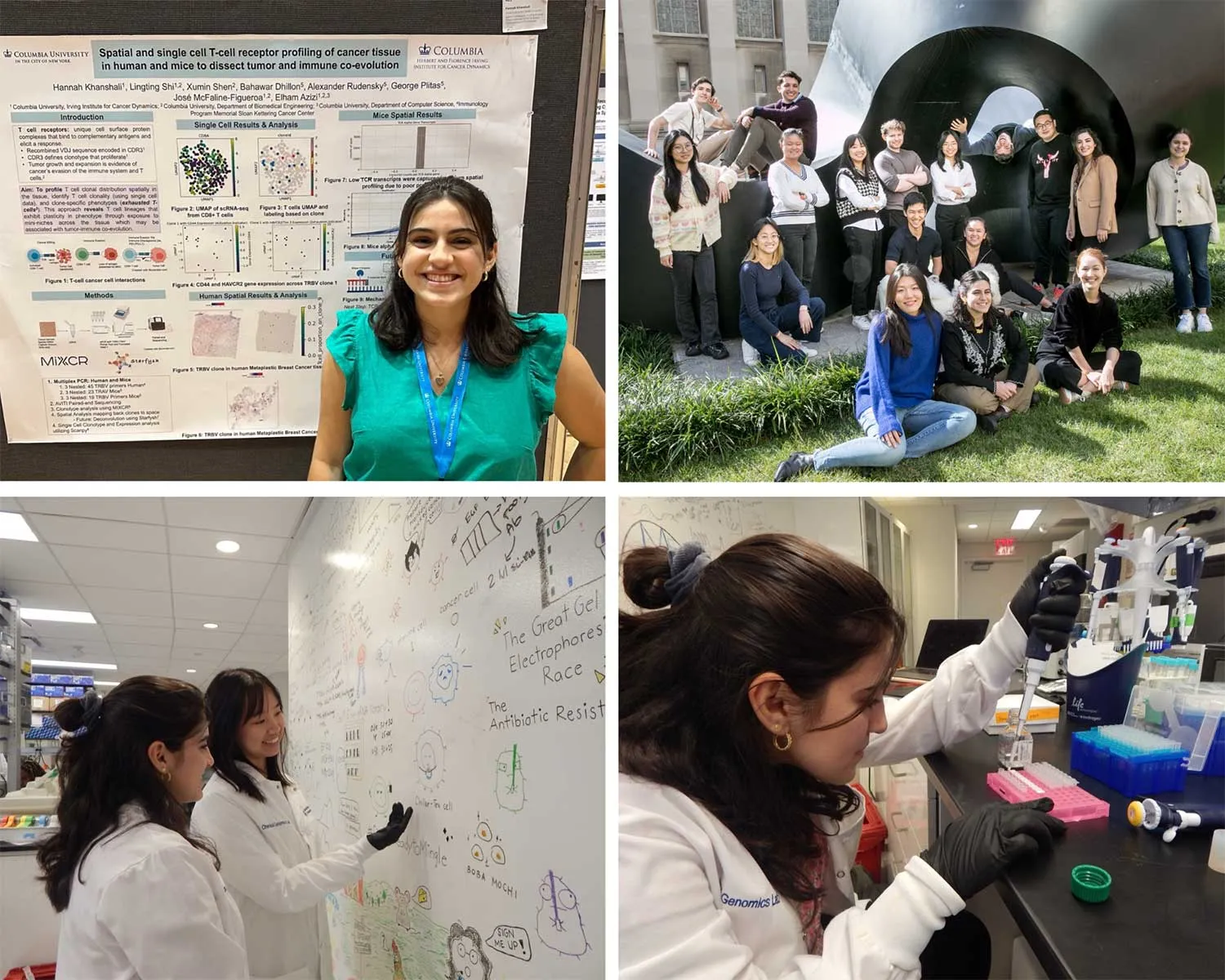 Clockwise: Hannah presenting her Poster at the end of the IICD SRP. The 2023 Azizi lab. Lingting and Hannah admiring the wall in the McFaline-Figueroa Lab where fun science puns that motivate their real science planning on the same board are displayed. Hannah working on a PCR for her project amplifying TCRs in spatial and single-cell cDNA.