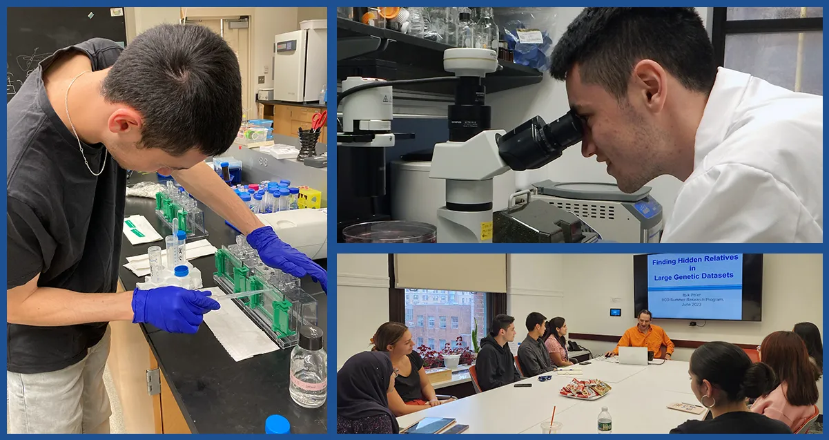 The montage displays three photos. Clockwise description: Henry preparing an SDS-PAGE gel on a lab bench at Kenyon College, Henry looking at some cells in a microscope in Dr. José McFaline-Figueroa’s lab, an SRP seminar where a group of eight students sitting around a table listen to Dr. Itsik Pe’er presenting his research on a screen.