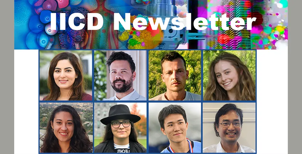 IICD Newsletter. Clockwise from top: headshots of Elham Azizi, José McFaline-Figueroa, Mijo Simunovic, Mackenzie Sky, Abigail Hickok, Maria-Cristiana Gîrjāu, Likun Lin, Khanh Dinh