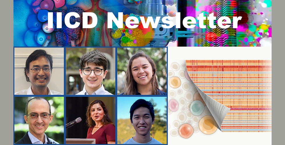 IICD newsletter banner. Clockwise: Khanh dinh, Russell Kunes, Cameron Park, logo for Gordon Research Conference, Justin Hong, Elham Azizi, Brent Stockwell