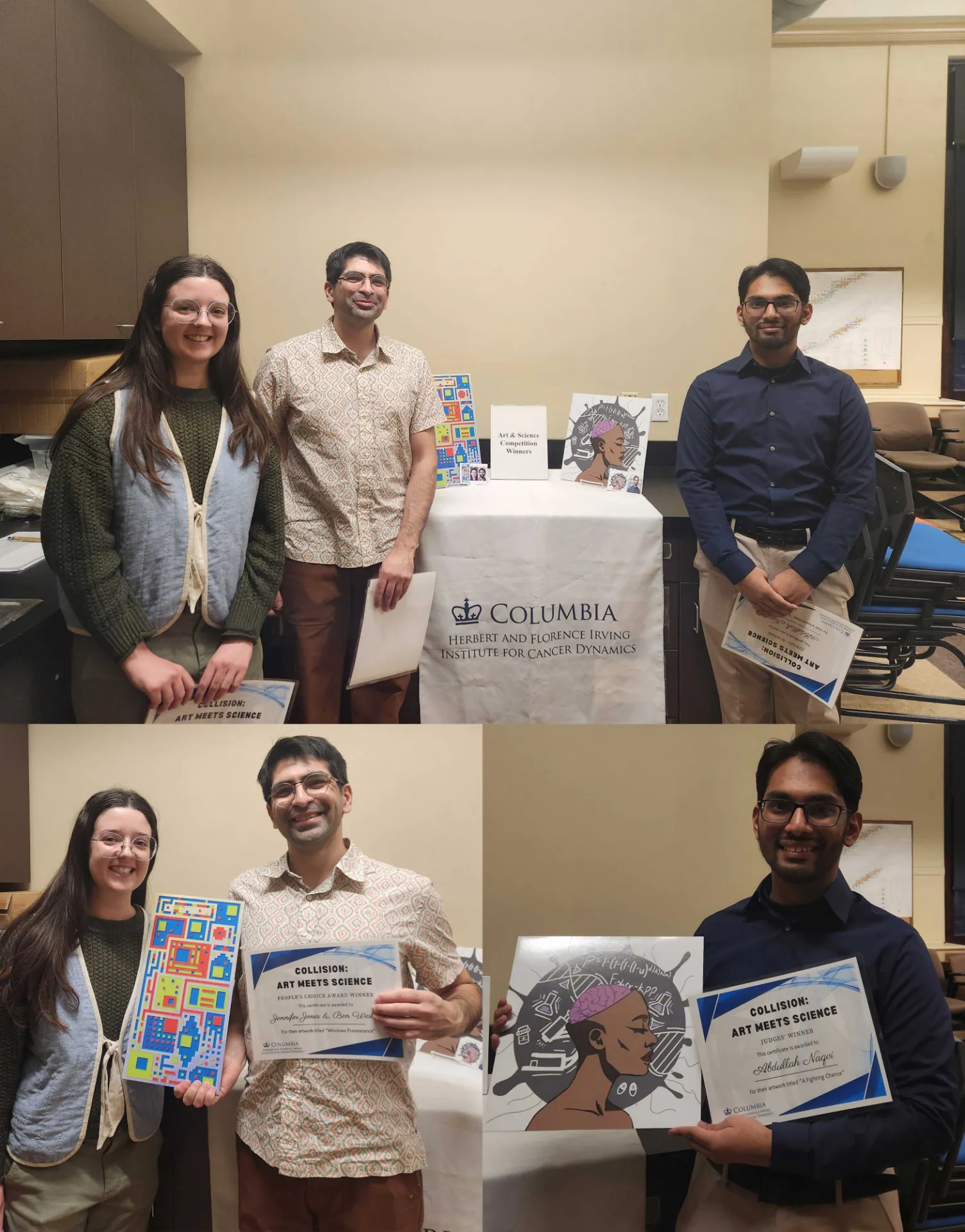 A photo collage showing three IICD researchers holding certificates and artwork as winners of the “Collision: Art Meets Science” competition, displayed beside an IICD-branded table.
