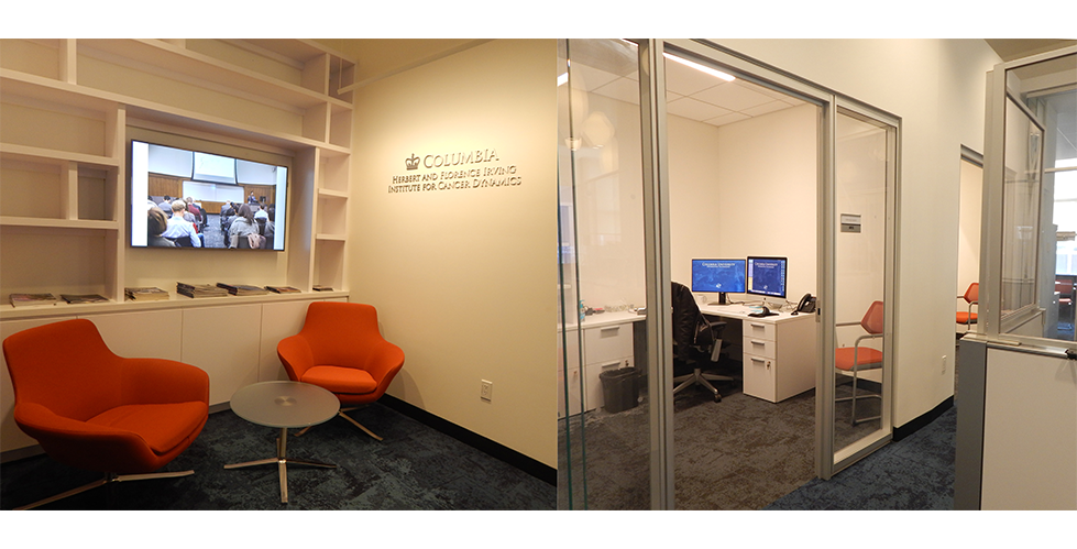 Left: Lobby with 2 chairs, a small table and shelves on the wall with a monitor 
Right: office with desk and computer