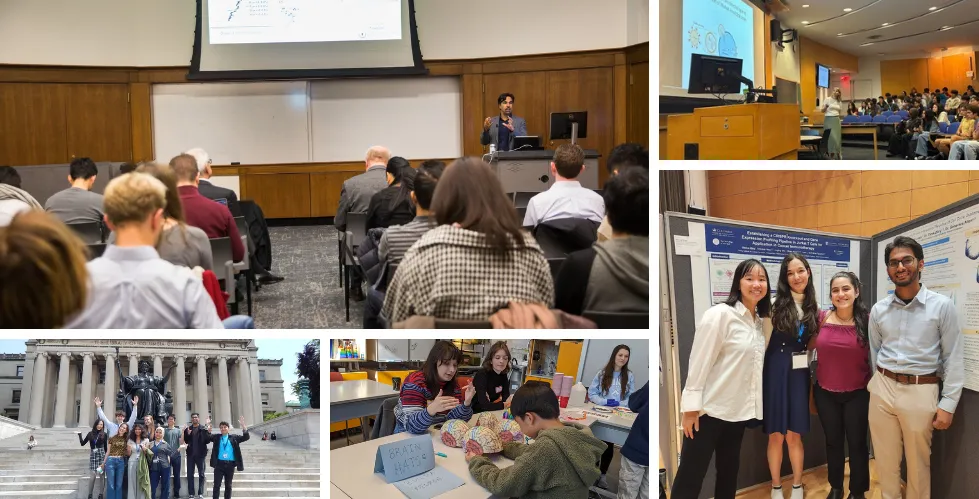 Clockwise from left to right: IICD seminar in progress; IICD researcher  presenting to SHAPE participants; SRP interns and mentor team at the CUPP Symposium; students in the STEM Starters program; SRP 2025 cohort group photo.
