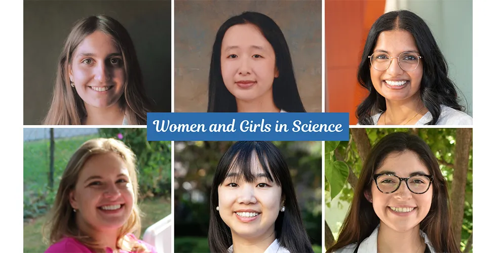 Photo collage for women and girls in science. Clockwise, from top left: Headshots of Tina Giorgadze, Jenny Jin, Neeharika Kothapalli, Megan Rodriguez, Christine Sharabun, and Lingting Shi
