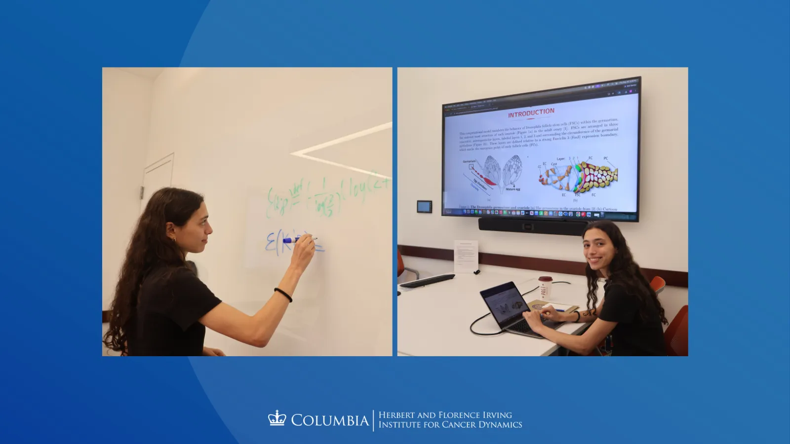 Collage of Nicole Karnoub. Left: Nicole writes an equation on the whiteboard. Top right: Nicole looks over her shoulder, smiling at the camera, while sharing her laptop screen on the projector. 