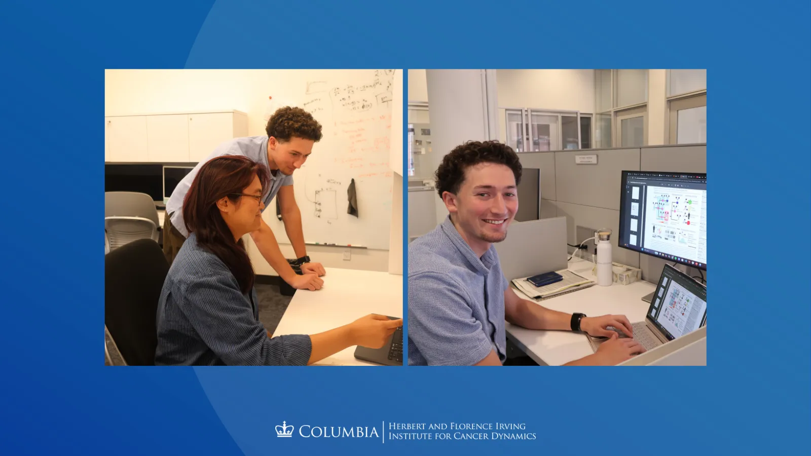 Collage of Sammy Faham. Left: Sammy points at an equation on a whiteboard, with fellow SRP intern Danielle Justo. Right: Sammy Faham smiles at the camera while at his workstation. 