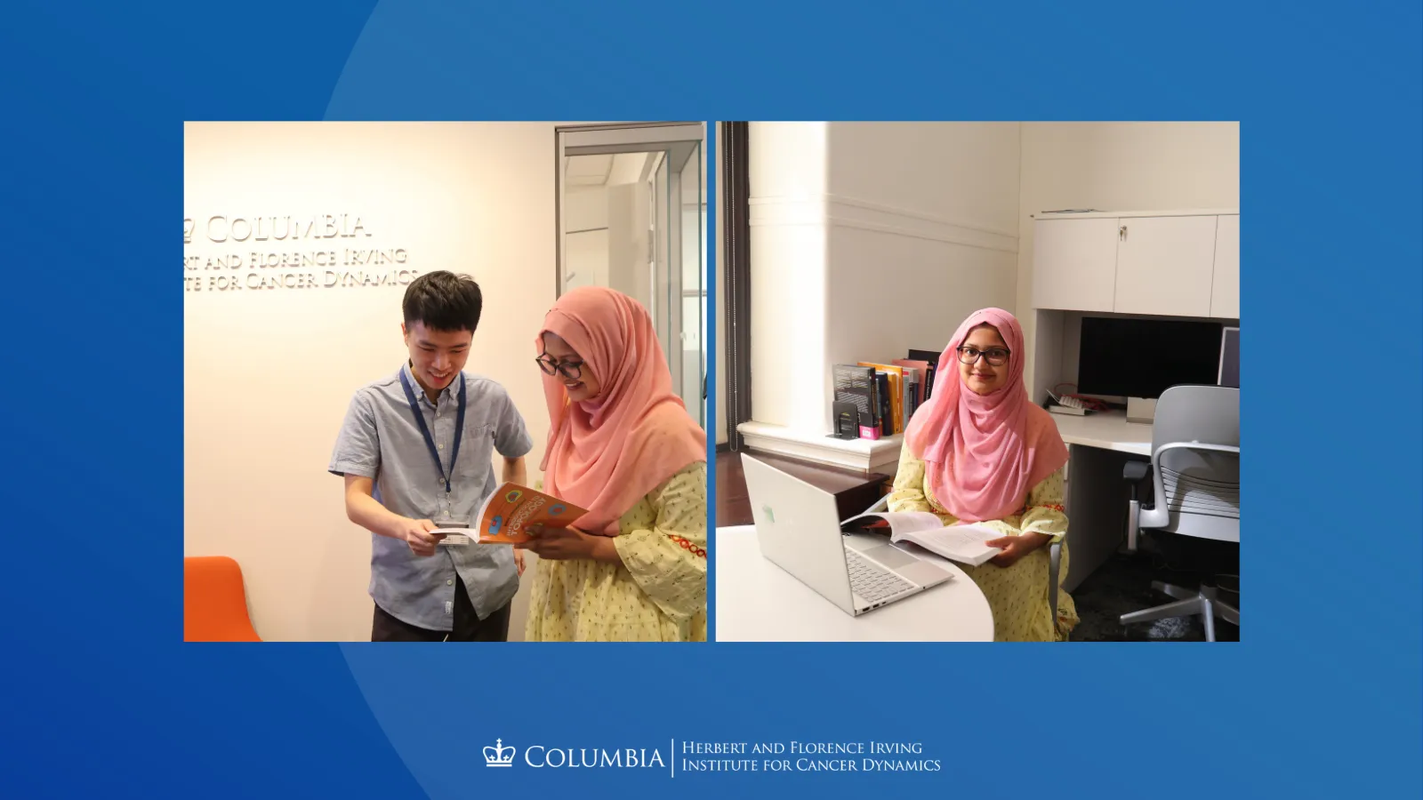 Collage of Samyah Ahmed. On the left: Samyah Ahmed and fellow intern Derrick Ma look at a book together in the IICD lobby . On the right: Samyah Ahmed smiles at the camera while seated with her laptop and a book. 