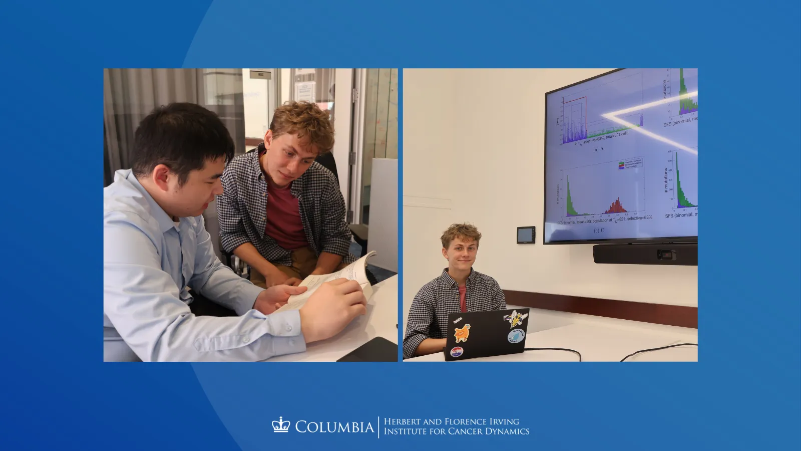 Collage of Stephen DeBenedittis. Left: Stephen DeBenedittis looks at a book with Research Assistant Yanjie Chen. Right: Stephen smiles at the camera while sharing his laptop screen on the projector.