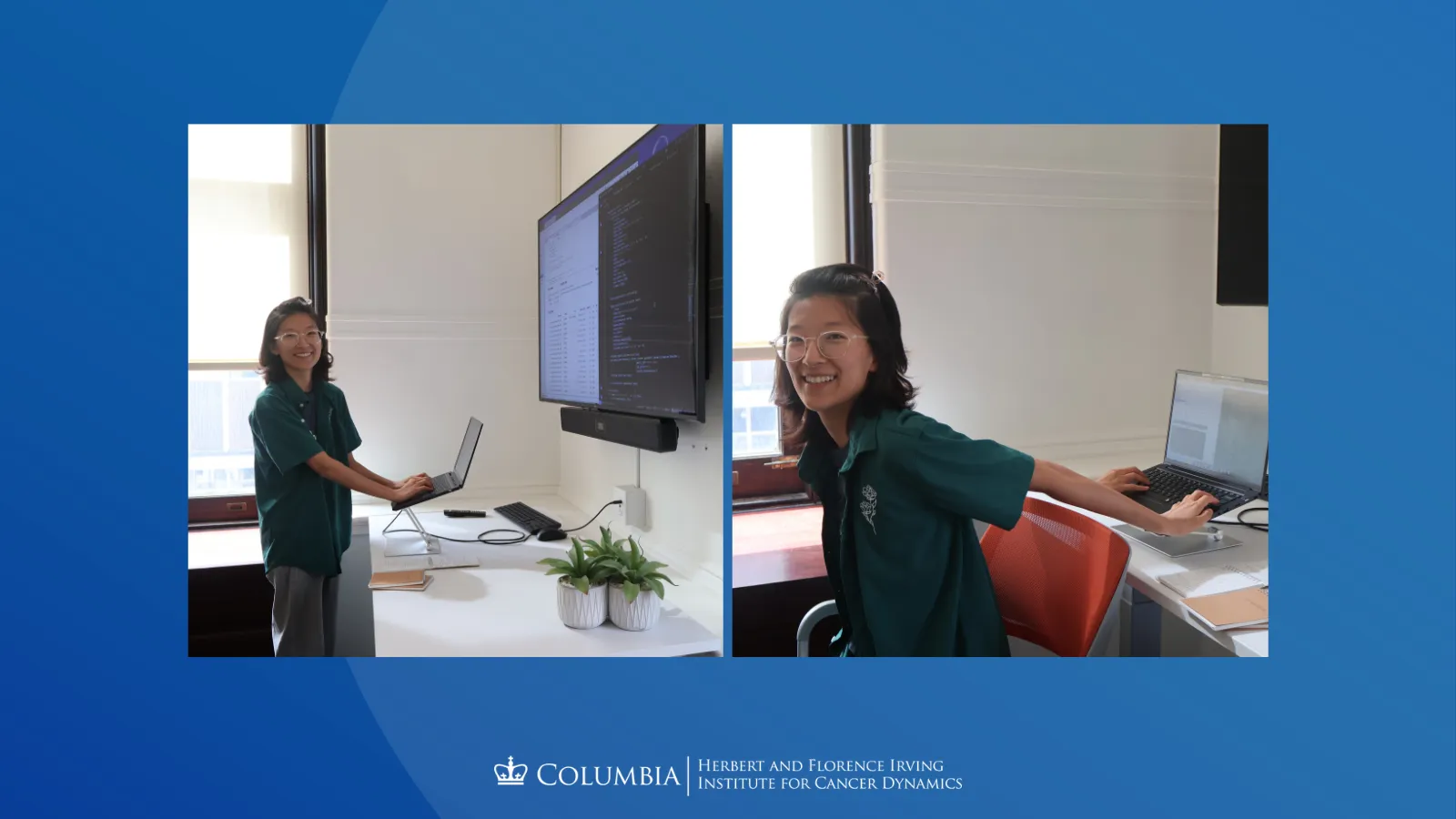 Collage of Vicky Jung. Left: Vicky works on a laptop that is hooked up to a projector. Right: Vicky playfully types on her laptop behind her back, while smiling at the camera. 