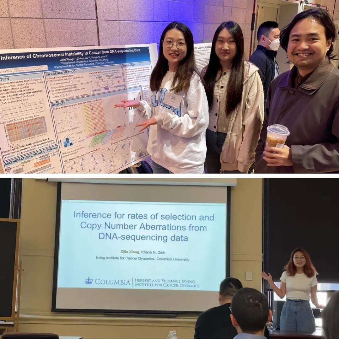 Top to bottom: Zijin Xiang presenting a poster with Zhihan Liu at Columbia University Data Science Day in April 2024, alongside a photo with mentor Dr. Khanh Dinh. Below, Zijin participating in the IICD monthly research meeting in October 2023.