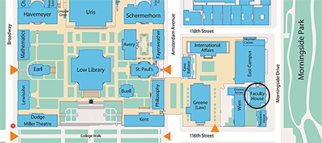 The image displays a map of the Columbia University Morningside Heights campus with the Faculty House building circled