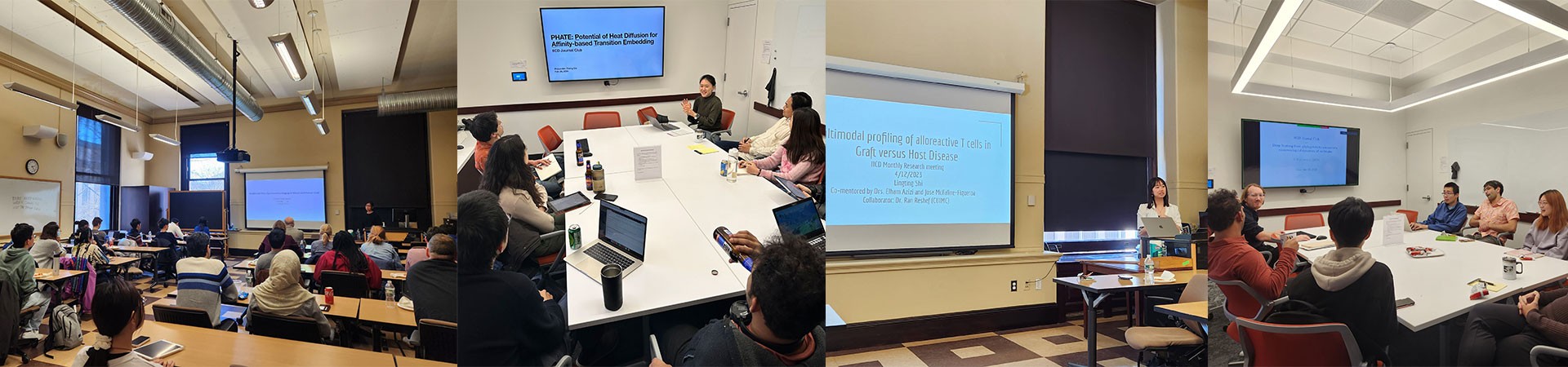 From left to right: a woman presenting in a classroom, people sitting and discussing in a conference room, people sitting in a classroom and listening to a woman talking, people sitting and discussing in a conference room.