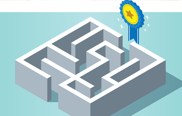 Path to Independence Program White maze on a blue background with a blue and yellow ribbon at the exit of the maze