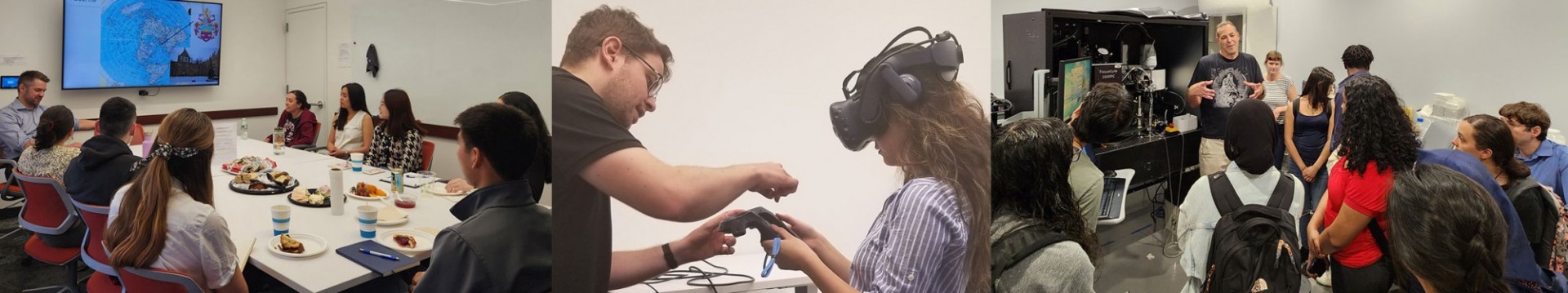 From left to right: a group of students and faculty discussing around a conference room table, two people using VR, a group of people looking at a microscope