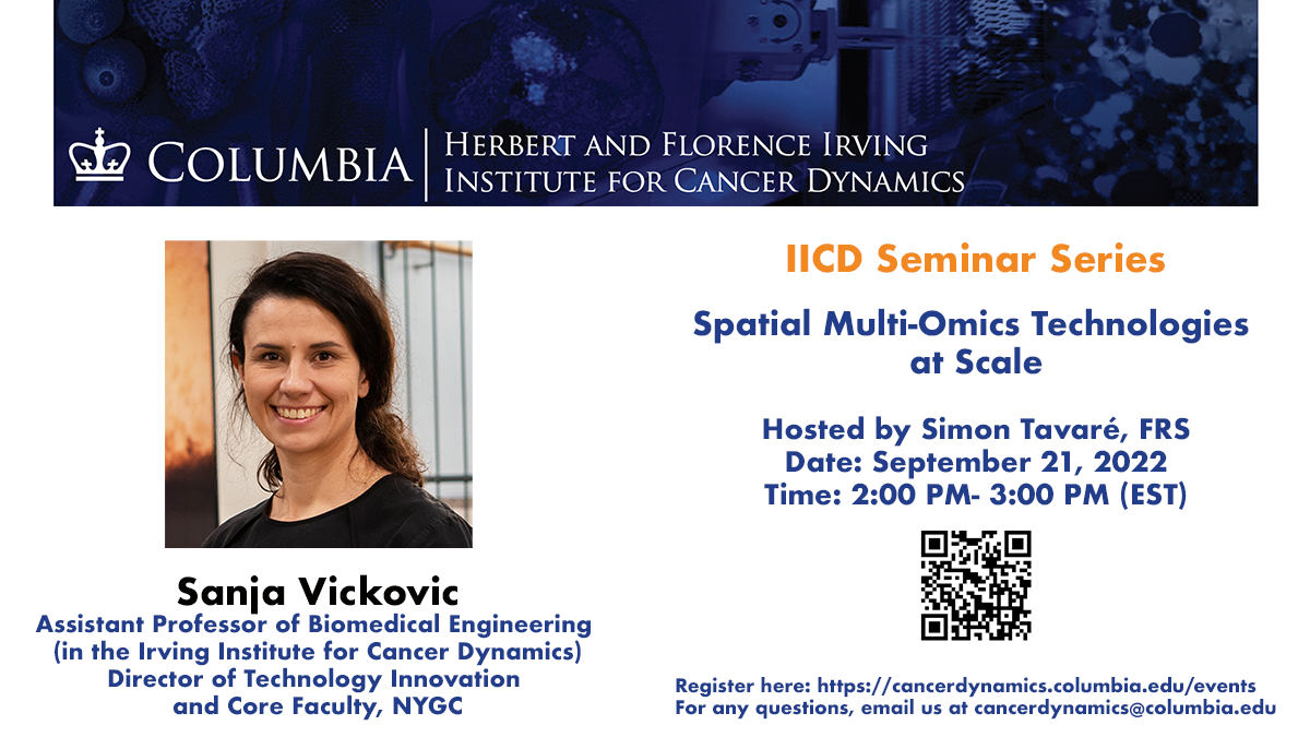 flyer for Sanja Vickovic seminar including her headshot, title of the talk, date and time of the seminar, and a QR code linking to the event page on website